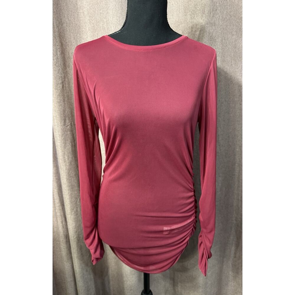 Zara NWT Sheer Womens Medium Red Burgundy Ruched Blouse Top Tunic Mini Dress - Picture 2 of 6